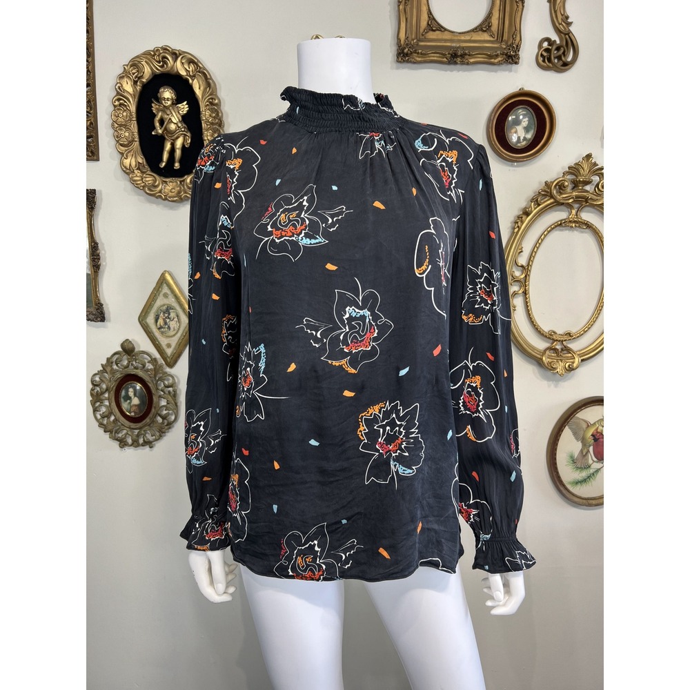 Tucker Black Floral Silk-Blend Mock Neck Top Size M